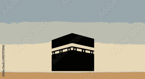 Minimalist illustration of a sacred black cube shrine, symbolizing religious pilgrimage and spiritual devotion under a simple sky.