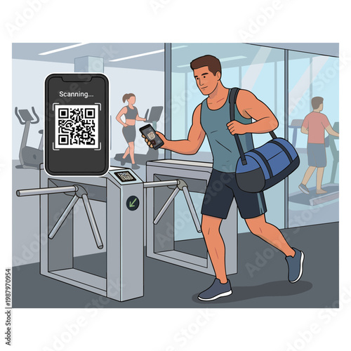Man scans QR code to enter gym through turnstile with bag