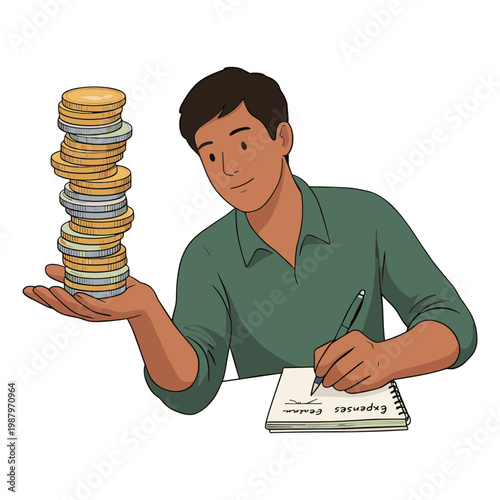 Man balances coins while writing in notebook at desk indoors