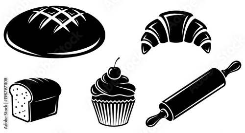 Collection of assorted black and white bakery and pastry icons