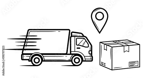 Delivery truck speeding towards a parcel with a location pin icon