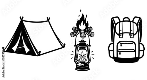 Simple black line art icons representing camping equipment and adventure gear