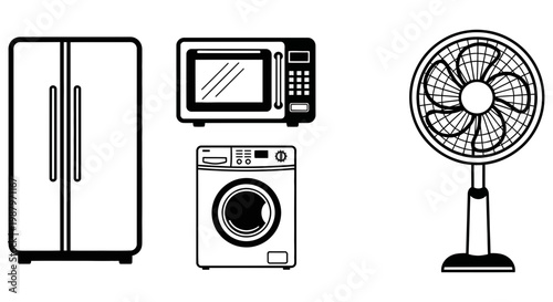 Collection of common home appliances depicted in simple line art style