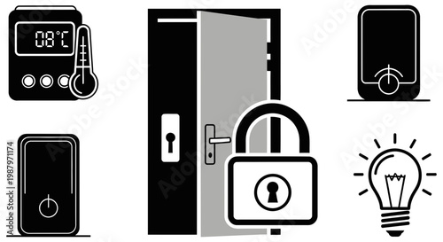 Collection of smart home icons representing automation and security features