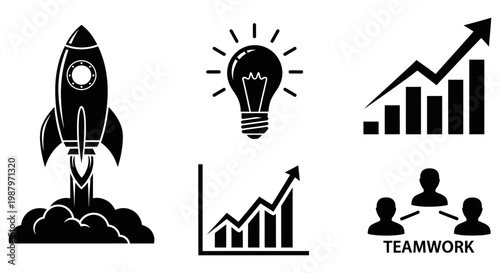 Simple black icons representing business growth startup success and team synergy