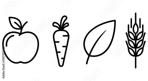 Minimalist icons depicting an apple carrot leaf and wheat stalk