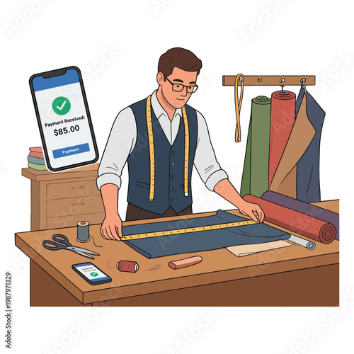 A tailor measures fabric on a wooden worktable in a workshop.