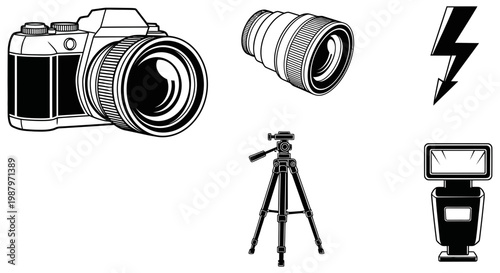 Professional photography equipment icons set including camera lens and tripod stand