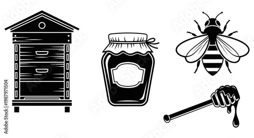 Collection of black and white honey production icons and symbols