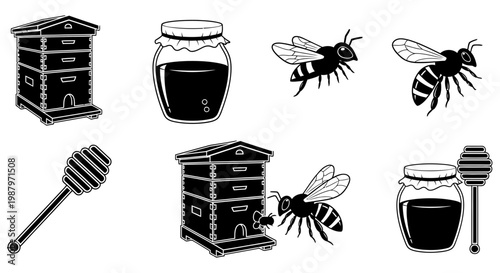 Collection of honey bees and beehives in black and white