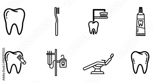 Black and white line icons representing various dental hygiene tools