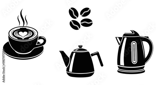 Black silhouettes showing coffee cup teapot beans and electric kettle icon
