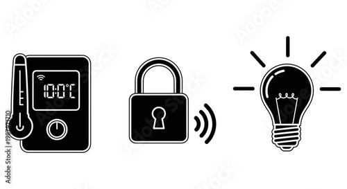 Smart home technology icons featuring thermostat lock and glowing light bulb
