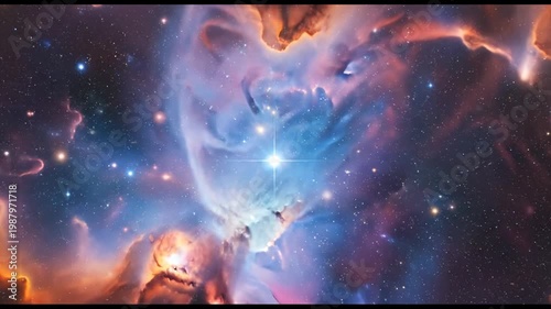 Breathtaking celestial landscape of a vibrant nebula, showcasing a brilliant star at its heart amidst swirling cosmic dust and gas, an ethereal view of the expanding universe