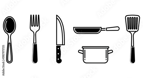 Collection of simple black and white kitchen utensil outline icons
