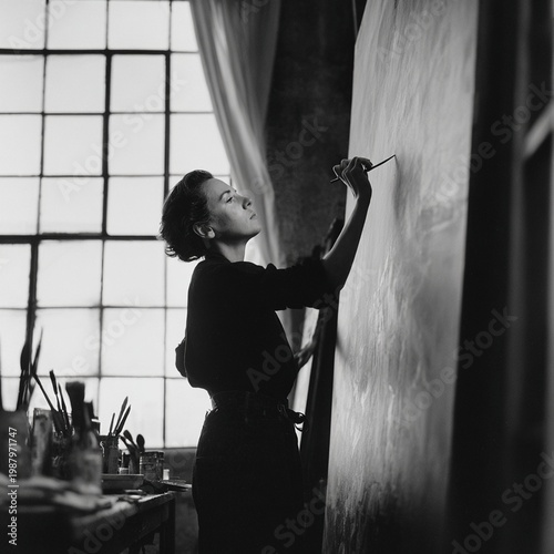 Black and white portrait of a woman painting a large picture to her right and a large window behind her