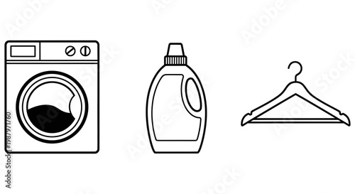 Simple line icons showing laundry washing machine detergent and clothes hanger