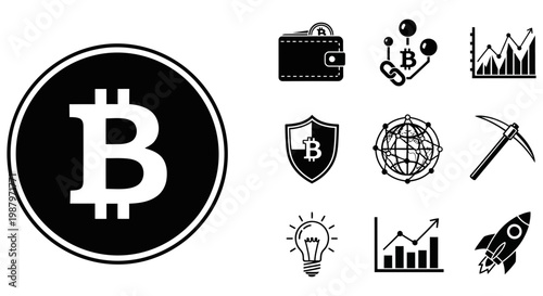 Collection of various flat black bitcoin and cryptocurrency themed icons