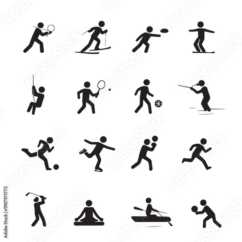 Sport icons set with 16 black stick figure pictograms, athletic activity symbols for fitness and recreation, minimalist vector silhouettes of people