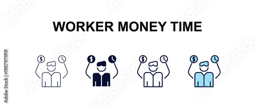 worker money time multi-style outline icon set - business concept. Thin line, regular, filled, colored worker money time icon