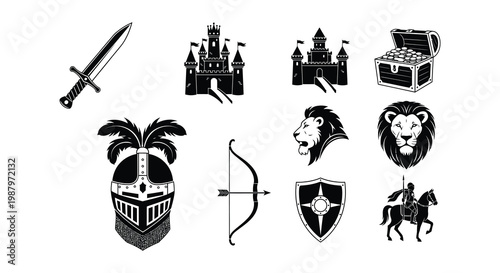 Medieval fantasy icons swords castles lions and knightly equipment