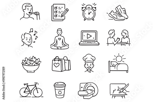 Daily routine line icons set, healthy lifestyle habits and self care activities vector, 16 outline symbols for wellness and productivity