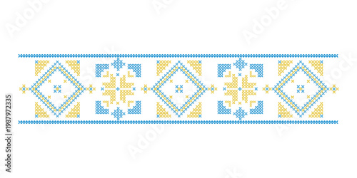Ukrainian crossstitch pattern with blue and yellow geometric shapes