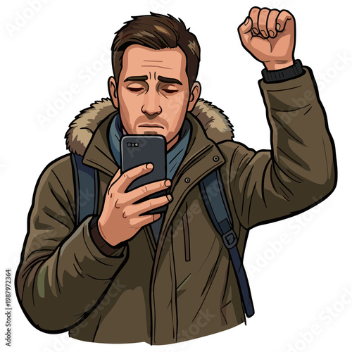Man in brown coat looks at phone with clenched fist raised high