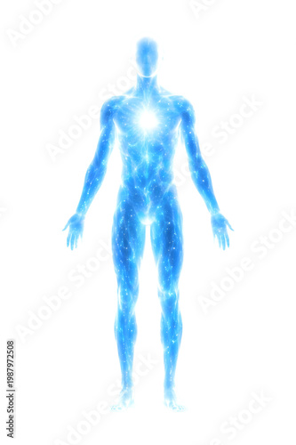 Blue glowing human body energy silhouette isolated on white background