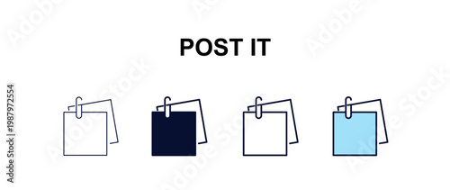 post it multi-style outline icon set - business concept. Thin line, regular, filled, colored post it icon