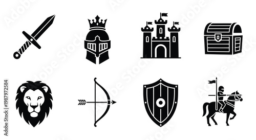 Medieval fantasy icons swords castles lions and knightly equipment