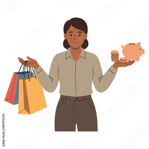 Woman choosing between shopping bags and saving coins in a piggy bank indoors