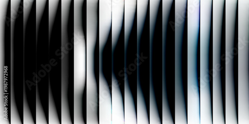 Ribbed glass abstract wave texture with vertical gradient stripes in black and cyan on white, futuristic luminous flowing background with bold geometric symmetry, modern digital vector illustration de