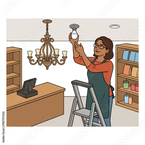 A woman changing a light bulb on a chandelier in a store.