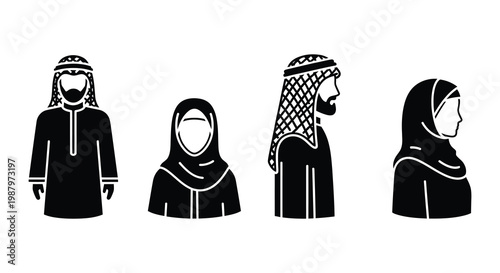 Four stylized figures representing people in traditional arabic clothing