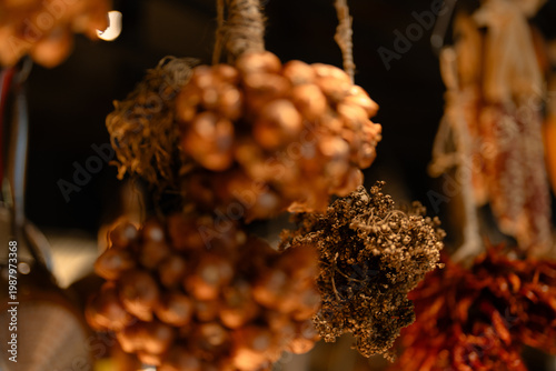 Bild auf Leinwand Dried herb dried flower spice hanging rustic still life close up bokeh warm ligh