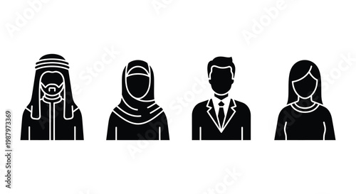 Four stylized figures representing people in traditional arabic clothing