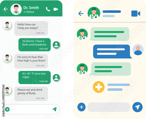 Healthcare messaging mobile app screens telemedicine UI flat vector.