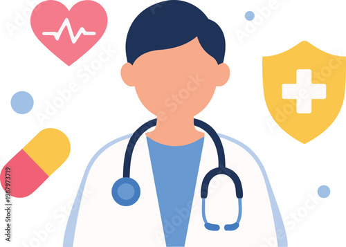 Doctor avatar with shield healthcare protection flat vector illustration.