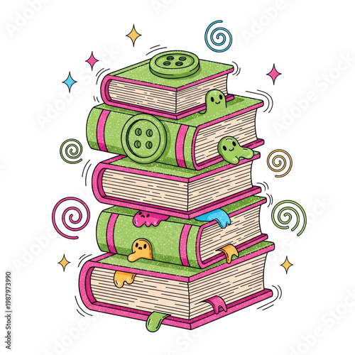 Wallpaper Mural Whimsical stack of books with cute characters and magic swirls Torontodigital.ca
