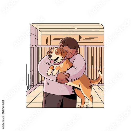 A person lovingly embraces a happy dog in a shelter environment with kennels in the background.