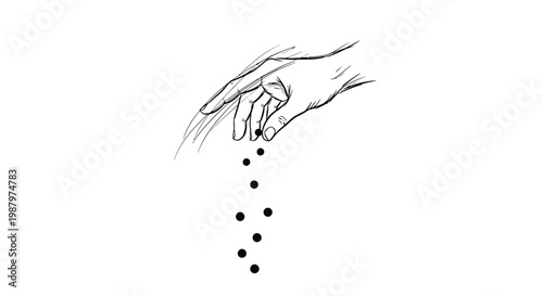A delicately drawn hand releases a cascade of small dark dots onto a blank white background
