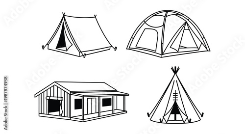 Line art illustration of camping equipment including tents and backpacks