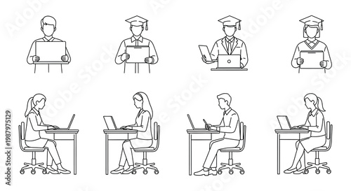 Students engaged in online learning and a classroom lecture setting