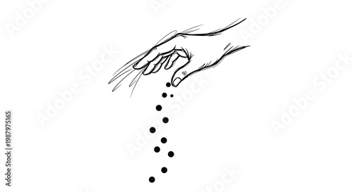A sketch depicts a hand releasing a cascade of dark dots downwards symbolizing loss or dispersion