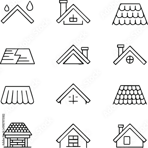 roof icons set black line roof designs and house roof types kit