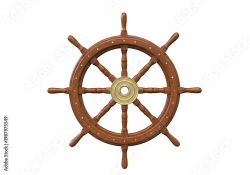 A wooden ships steering wheel isolated on transparent background with brass details