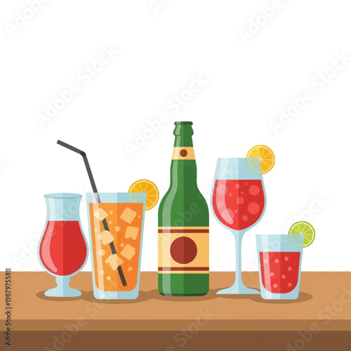 Flat vector illustration of various drinks featuring a green glass bottle, iced orange juice with a straw, and red cocktails in different glasses on a wooden table surface.