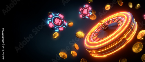 Glowing Neon Casino Roulette Wheel Banner Background with Flying Poker Chips and Coins