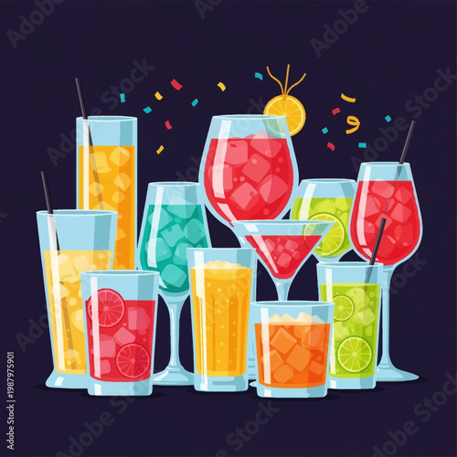 Flat vector illustration of various colorful cocktails and fruit drinks in different glassware including martini, highball, and wine glasses with ice, straws, and citrus slices.